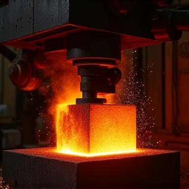 Glühender Metallblock in einer Schmiedepresse